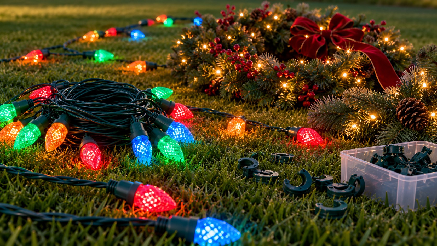 Multicolour C9 string lights coiled on a lawn at dusk beside lit evergreen garland with red berries, a velvet bow and pine cones, and a tub of light clips