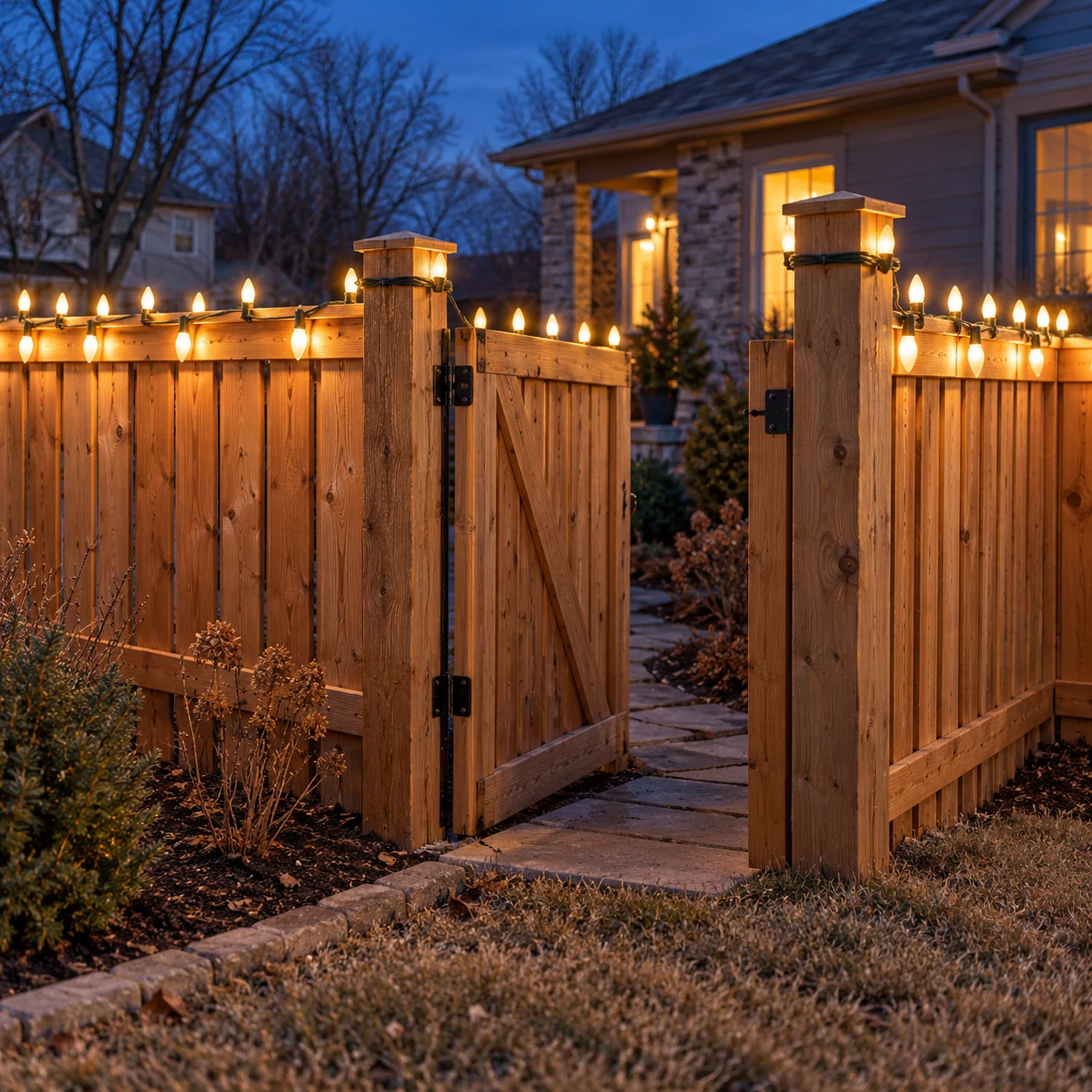 Christmas lights along a cedar fence and gateposts, with an open pedestrian gate and clear stone path