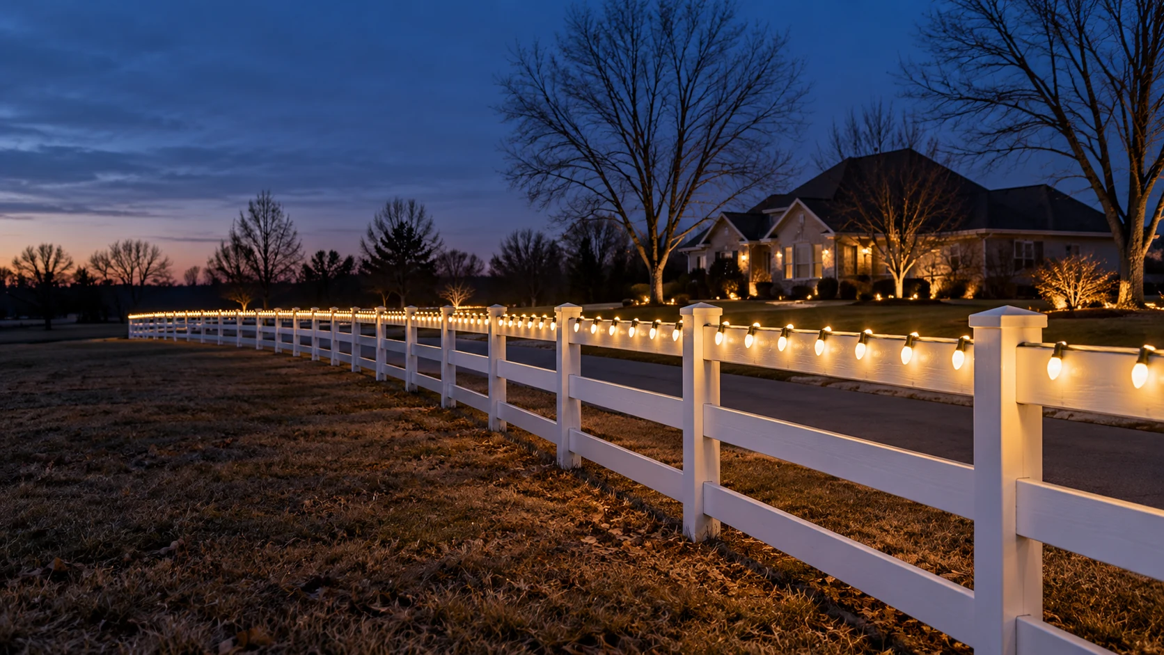 Warm white Christmas lights follow a white three-rail fence beside a home at dusk