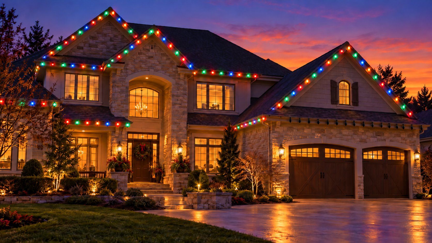 Stone two-story home at dusk lit with multicolour C9 roofline lights, one run above the garage gone dark