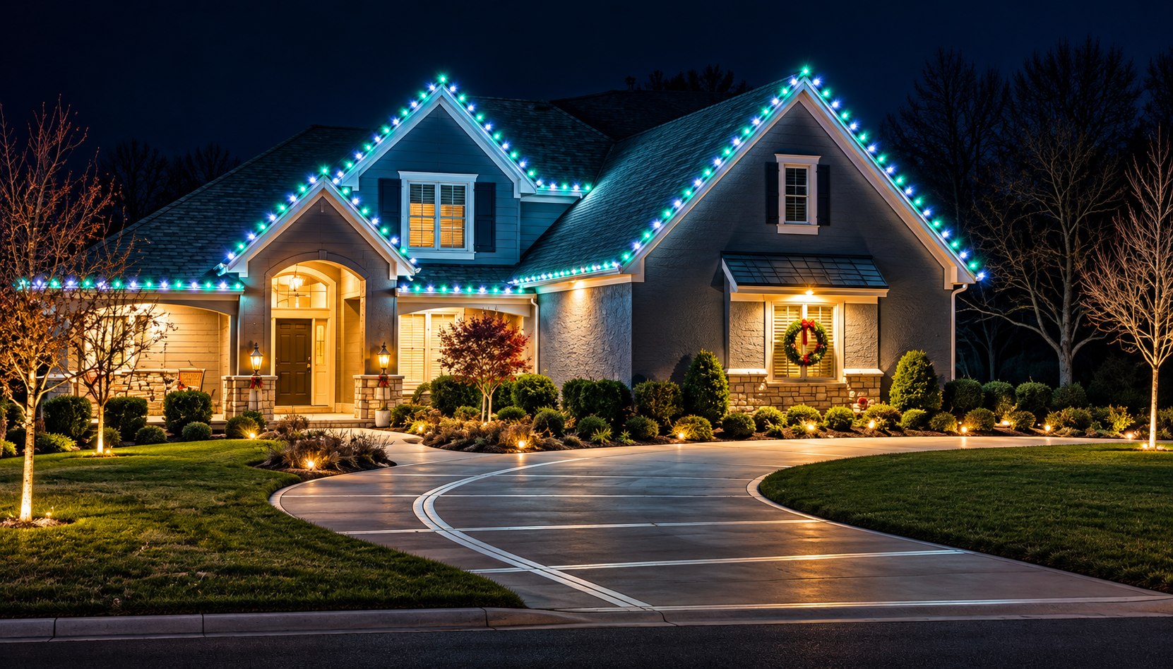 Two-story home at night with teal and white bulbs along every roofline, warm landscape lights along the beds, and a curved driveway leading to the front entrance