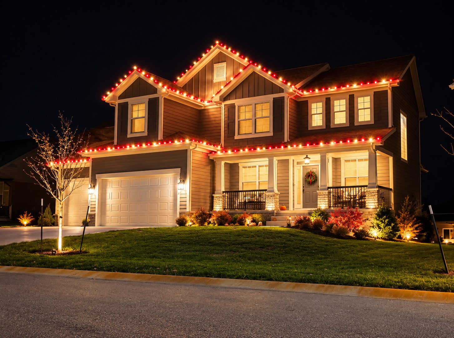 Two-story craftsman home at night with alternating red and warm white bulbs along every gable, eave and the porch roof, above a lit front porch and landscaping