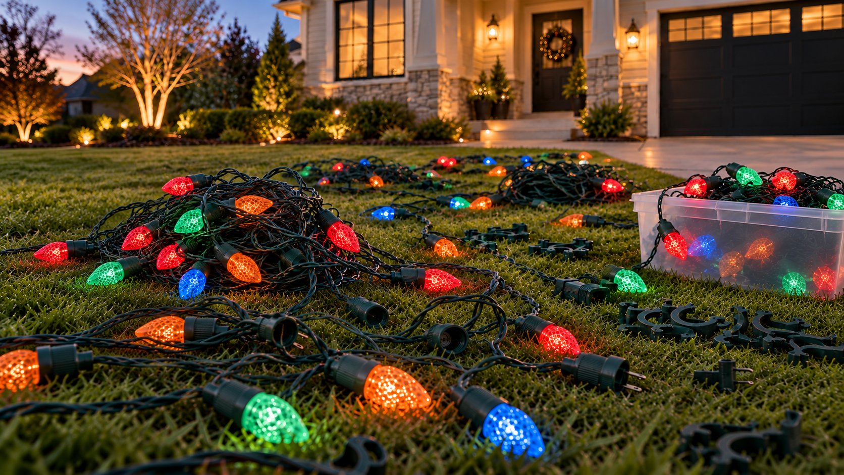 Multicolour C9 strands and roofline clips gathered on a front lawn at dusk, some already packed into a clear storage tub