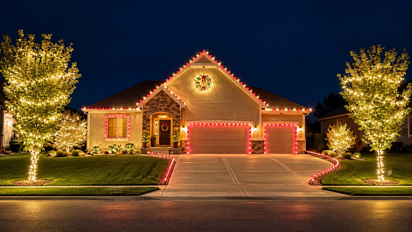 Ranch-style home at night with two front-yard trees wrapped trunk to crown in warm white lights, lit shrubs, a lit wreath on the gable and another on the front door, and red and white roofline and garage lights