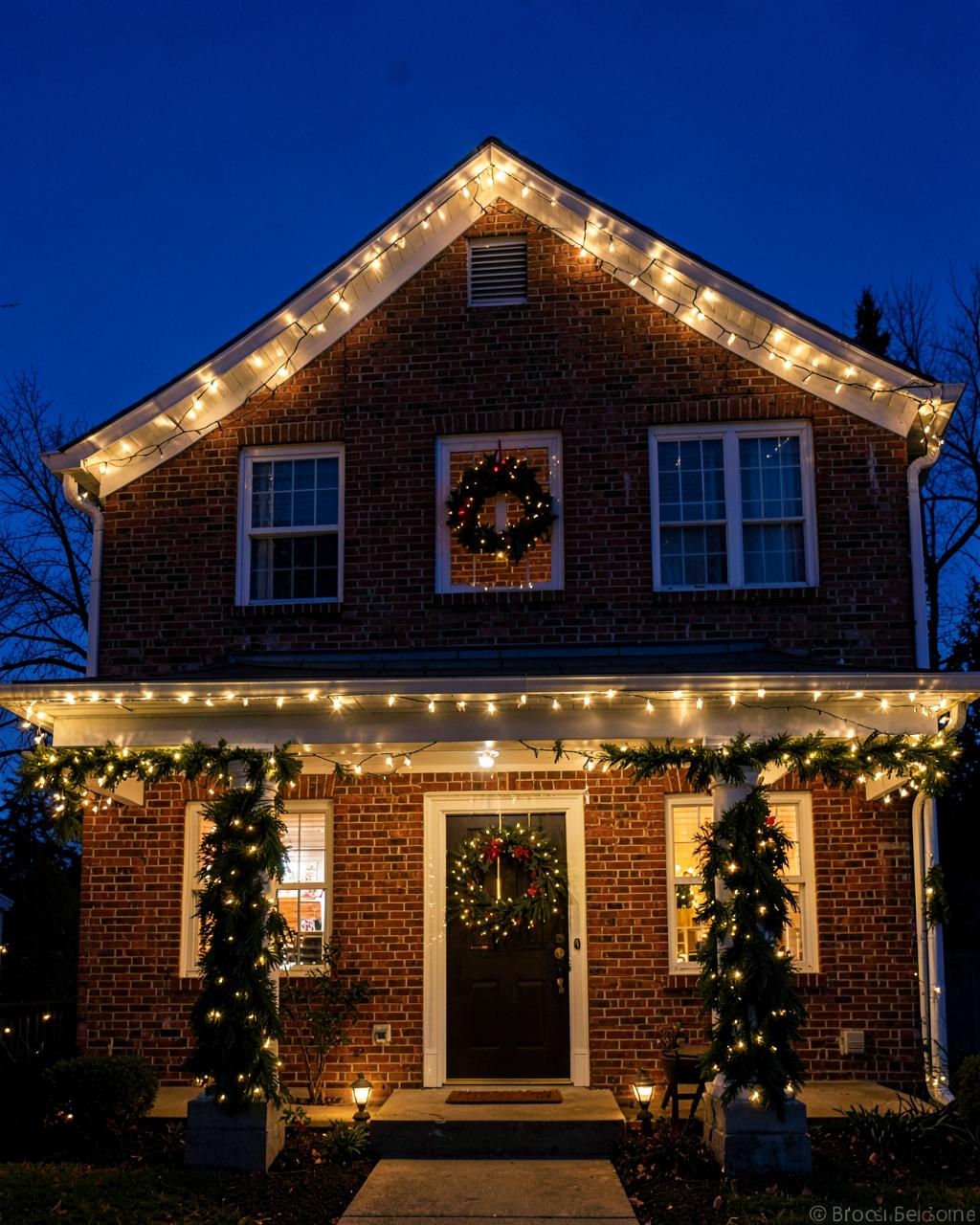 Brick two-story home at dusk with warm white lights along the gable and porch roof, lit garland across the porch and wrapped around both columns, and wreaths on the front door and an upstairs window