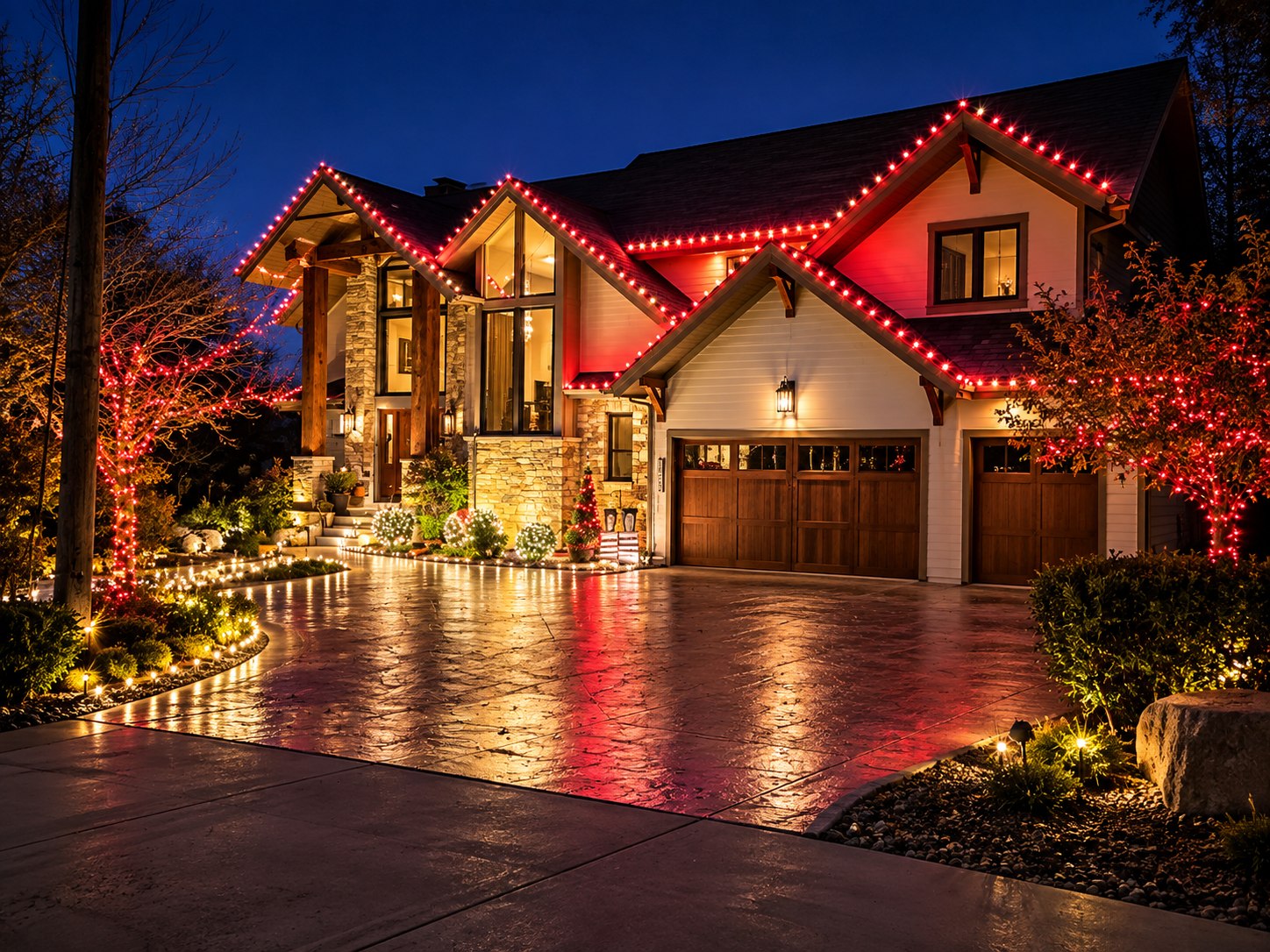 Timber and stone home with red lights along every roofline and the trees on both sides wrapped in red